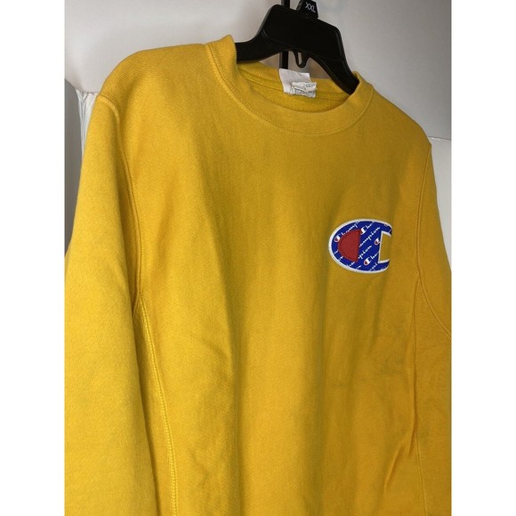 Champion Reverse Weave Sweatshirt Crew Mens S Yellow Gold Embroidered Blue Logo - Picture 15 of 16
